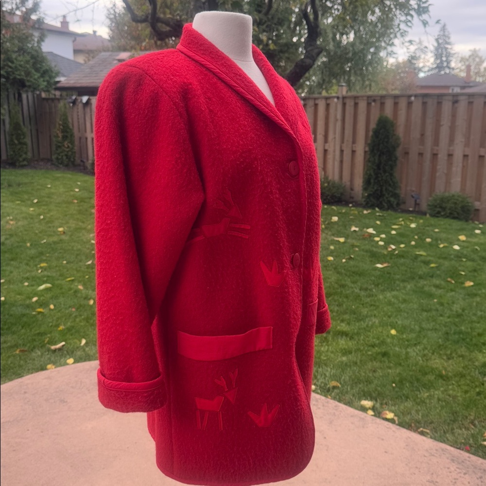 Vintage 4 Saison Canada Inuvik Boiled Wool Red Reindeer Christmas Jacket S - Picture 2 of 9